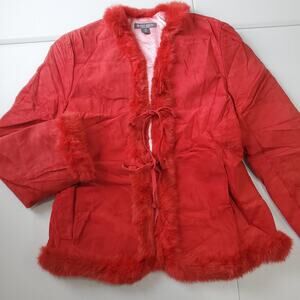 Bisou Bisou Jacket Womens Medium Red Genuine Leather Faux Fur Trim Coat Y2K
